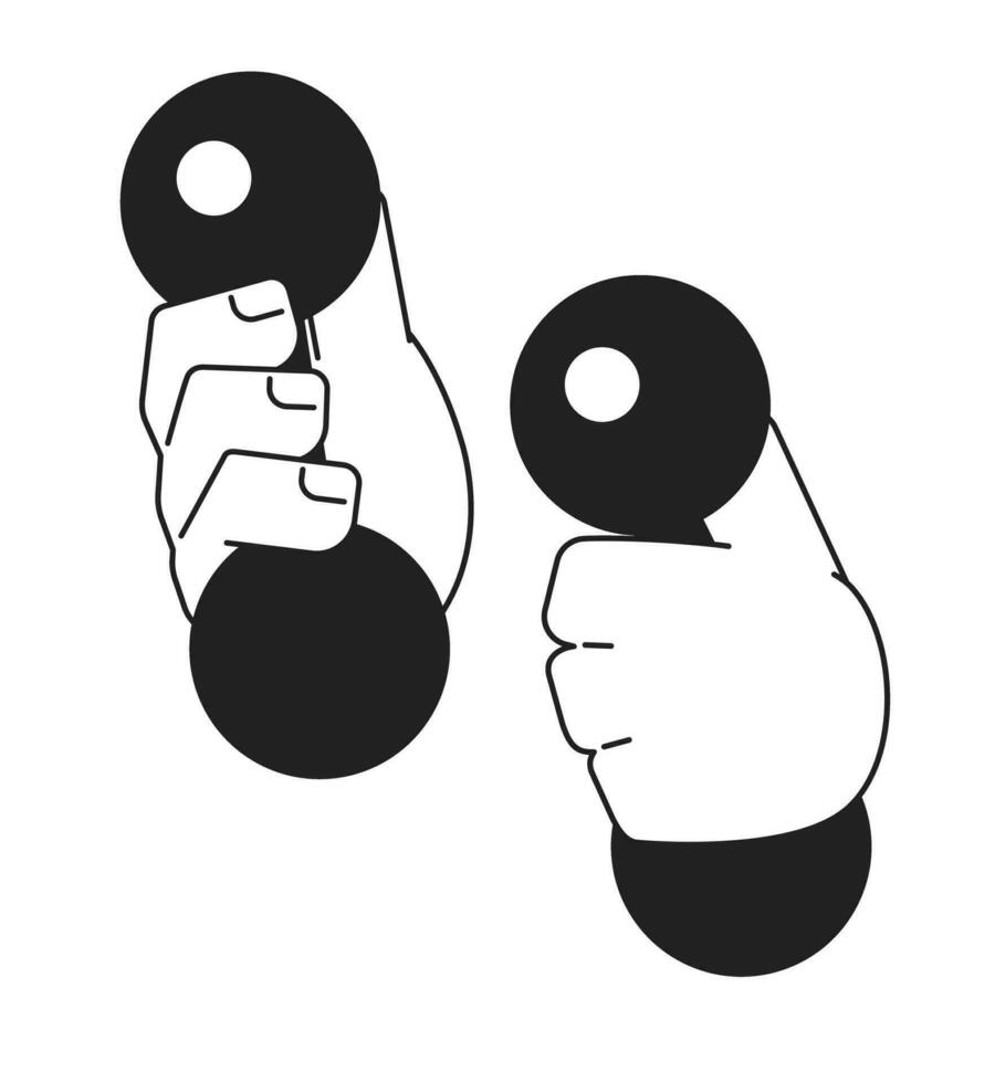 Dumbbells holding cartoon hands outline illustration. Workout gym. Curling dumbbells 2D isolated black and white vector image. Lift weight equipment. Fitness class flat monochromatic drawing clip art