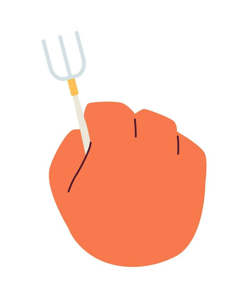 Fork holding cartoon character hand illustration. Eating with cutlery 2D vector image isolated on white background. Using dinnerware. Ready to eat. Silverware tool editable flat clipart color