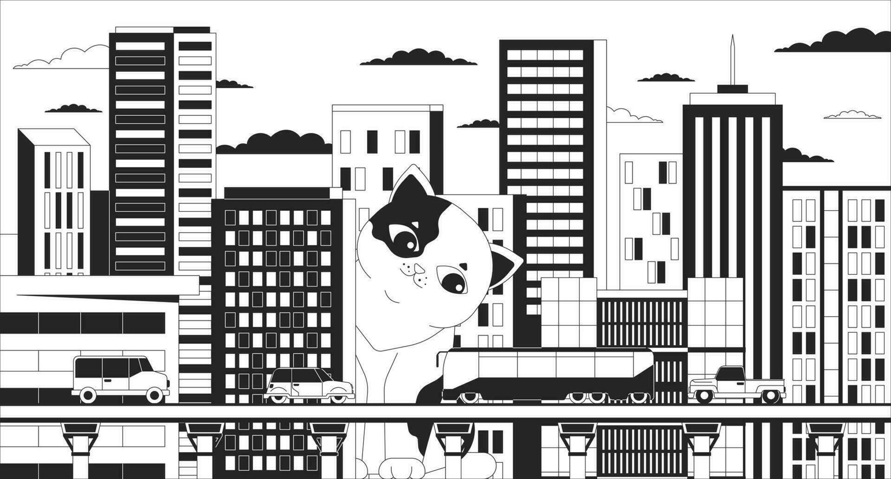 Giant cat watching over city black and white 2D illustration concept. Curious kitten behind building apartment outline cartoon scene background. Kitty peeking side metaphor monochrome vector art