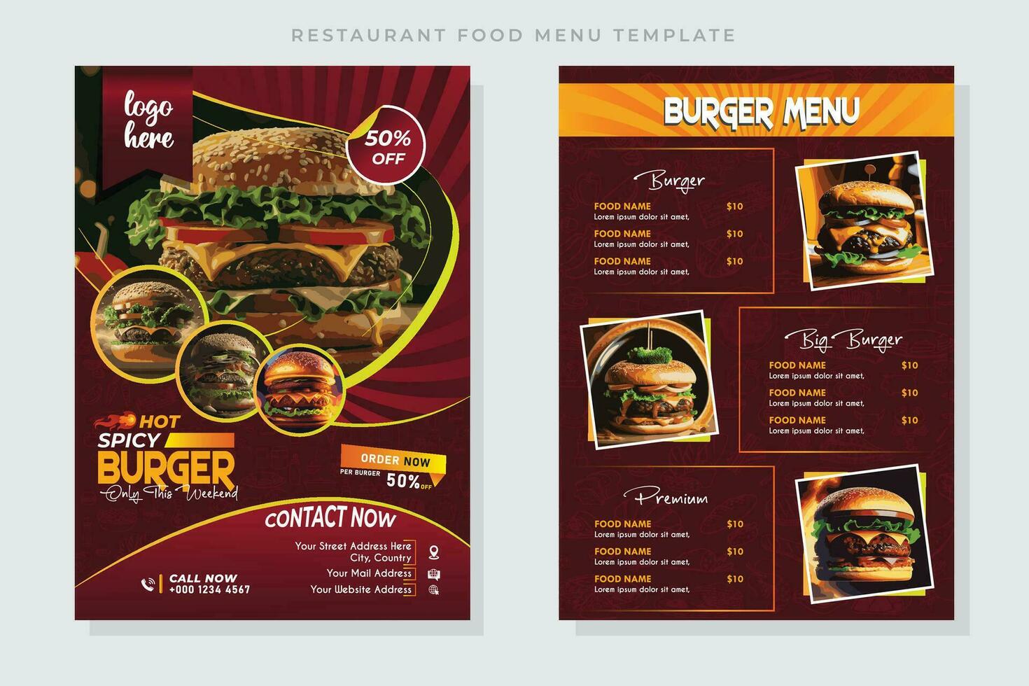 Restaurant discount food Burger Flyer Design, Todays Menu snake Chinese meal ad Template, Delicious Fast Food Pizza Poster vector