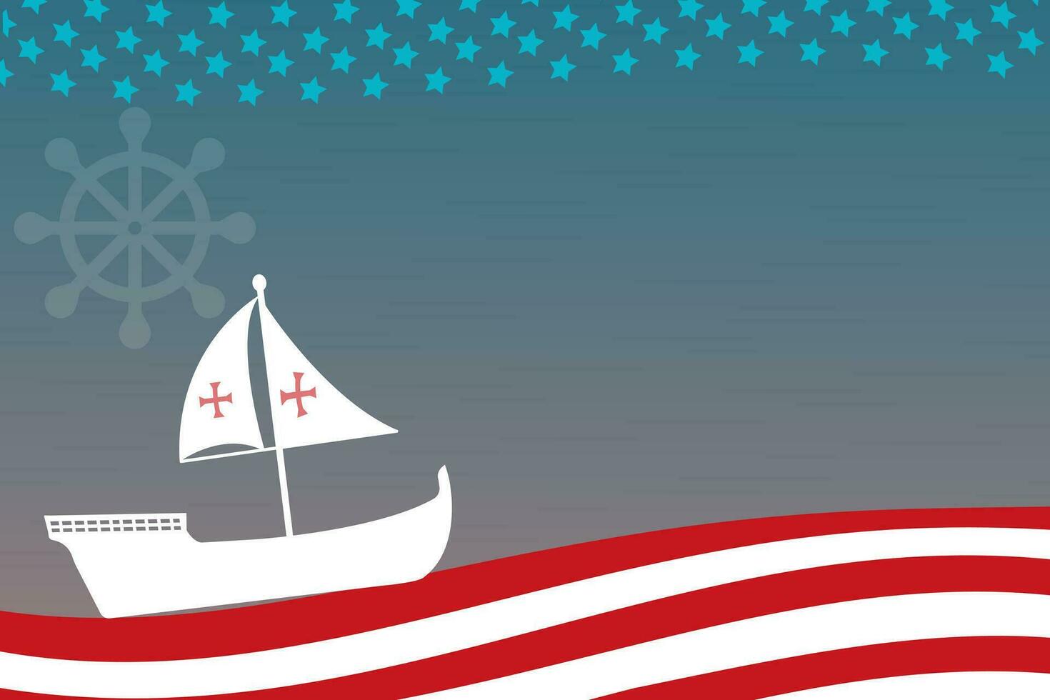 Columbus Day Copy Space Background with Sailing ship sailboat. Christopher Columbus National USA Holiday banner with American Flag, sea waves, Steer Wheel and compass. Discovery of America Spain theme vector