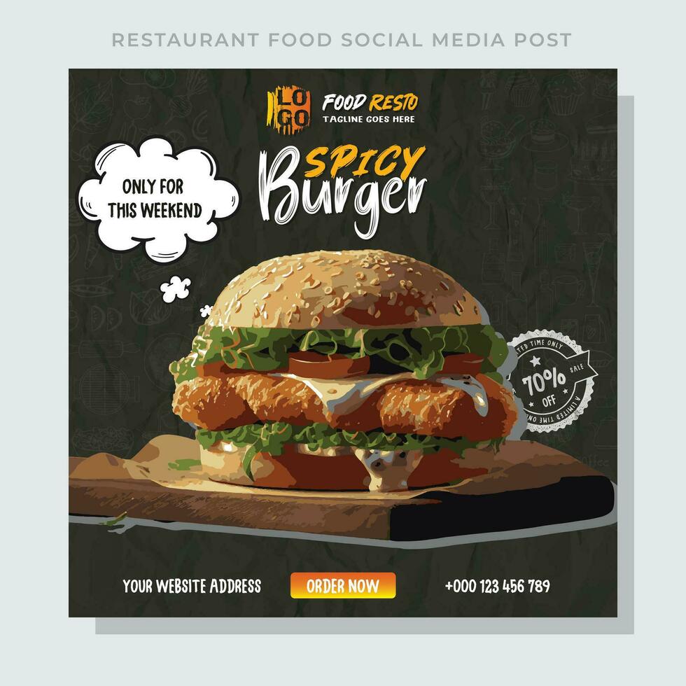 Fast food restaurant business marketing social media post or web banner template design with abstract background, logo and icon. Fresh pizza, burger and pasta online sale promotion flyer or poster. vector
