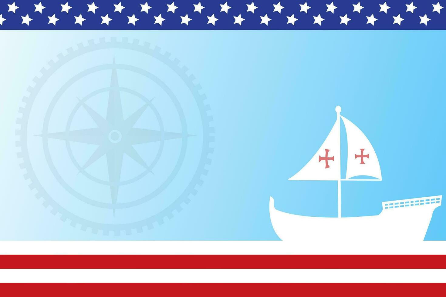 Columbus Day Copy Space Background with Sailing ship sailboat. Christopher Columbus National USA Holiday banner with American Flag, sea waves, Steer Wheel and compass. Discovery of America Spain theme vector