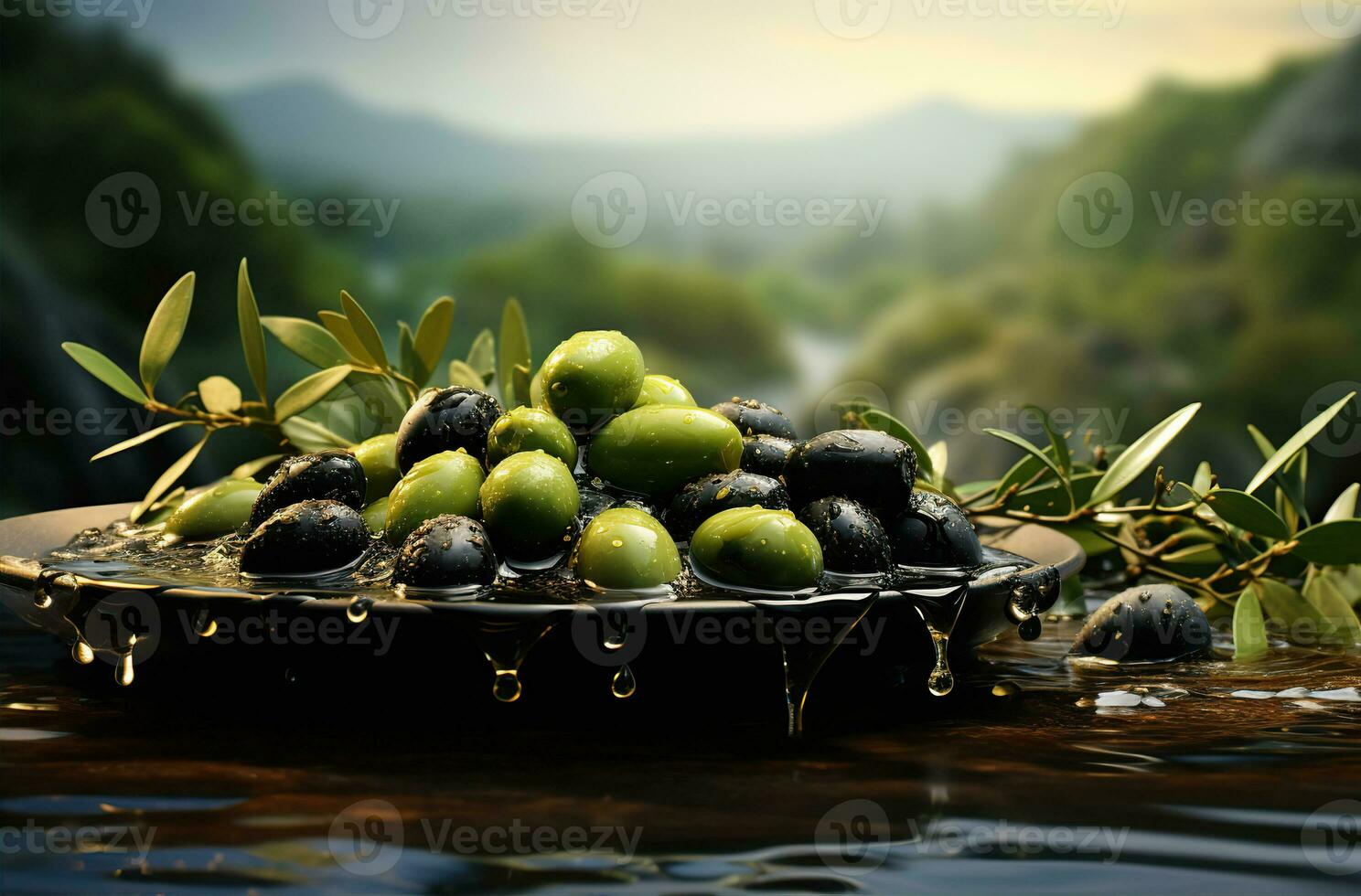 Olive oil on green olives with leaves. Created with Generative AI photo