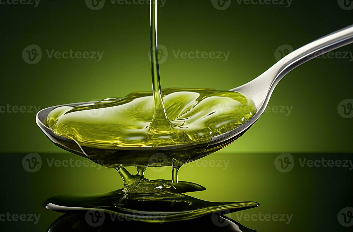 Olive oil is splashing on the spoon. Created with Generative AI photo