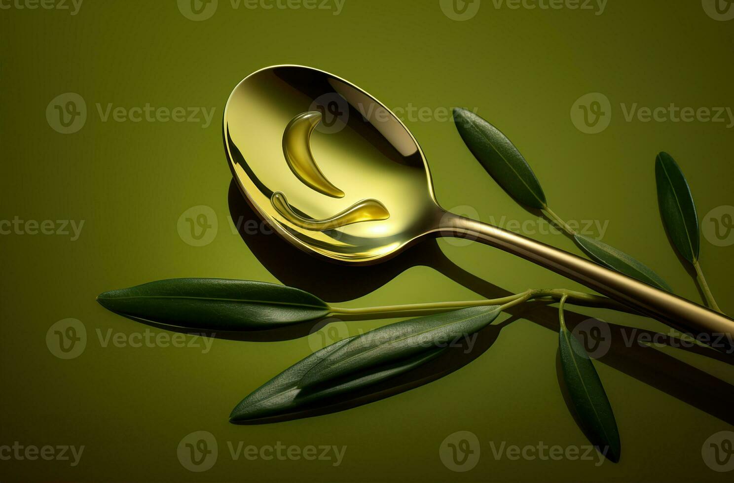 Olive oil is splashing on the spoon. Created with Generative AI photo