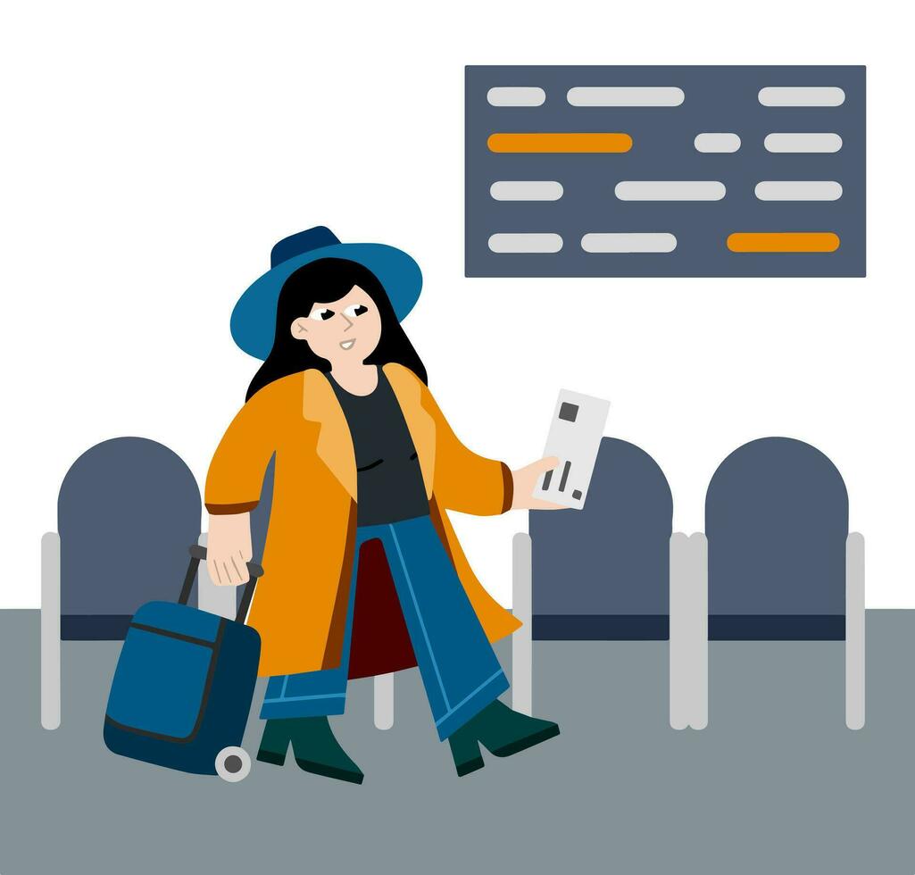 Woman at airport. Girl with suitcase. Luggage and baggage. Ticket in hand. Flat cartoon isolated on white. Female character goes on vacation. Departure board vector