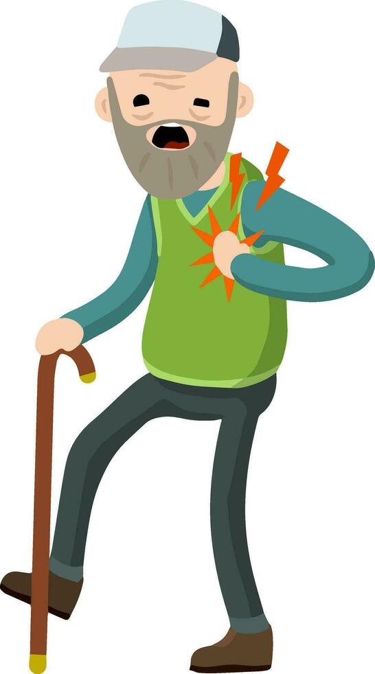 Heart attack. Old man health. Cardiac failure of senior. stroke symbol. character holds his hand to his chest. Cartoon flat illustration. Problems and disease. Sore spot and pain vector