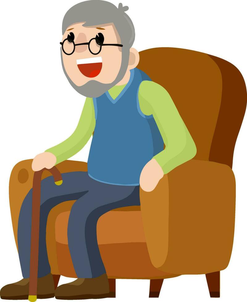 Old man is sitting in soft armchair. Rest and senior with a cane. Brown furniture and room element. Cartoon flat illustration. Cute Grandfather vector