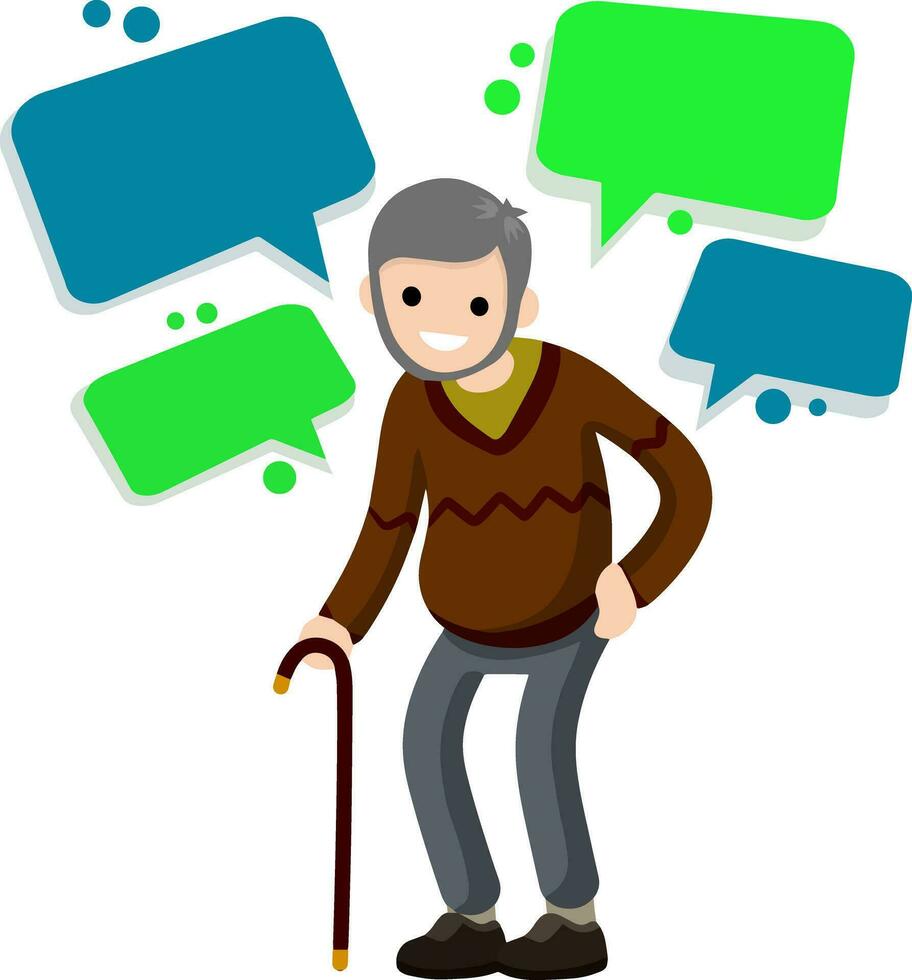 Funny old man with cane. Senior and Active Lifestyle, recreation grandfather. Flat cartoon Cloud text bubble dialog. Conversation and Talk. vector