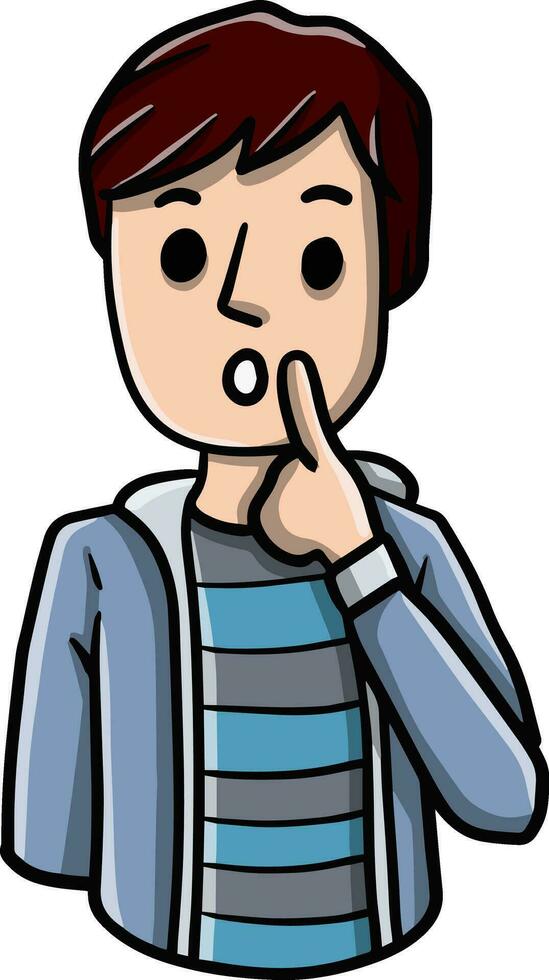 Confused man. Doubts and gesture finger at hands. Hand-drawn embarrassed young character. Boy in shirt. Guy and question. Emotions of hesitation, suspicion and mistrust vector