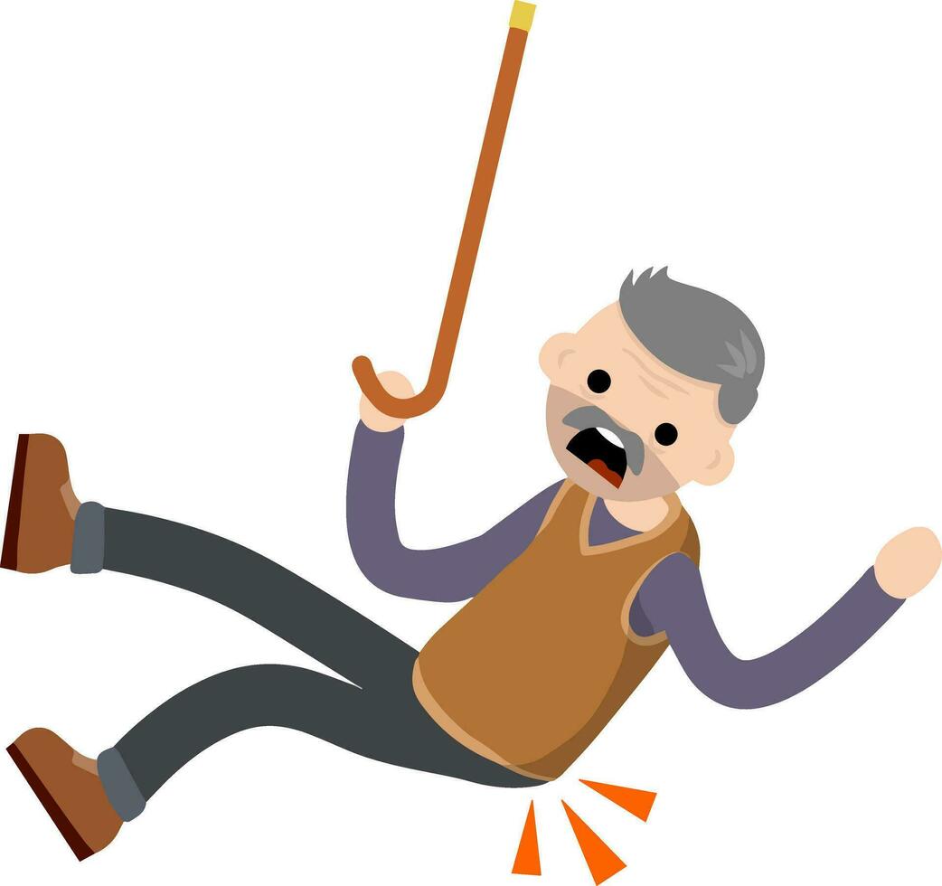 Old Man falls to ground. Sore spot and back pain. Grandfather failure and injury. Cartoon flat illustration. Senior with wand slipped. Health problem vector