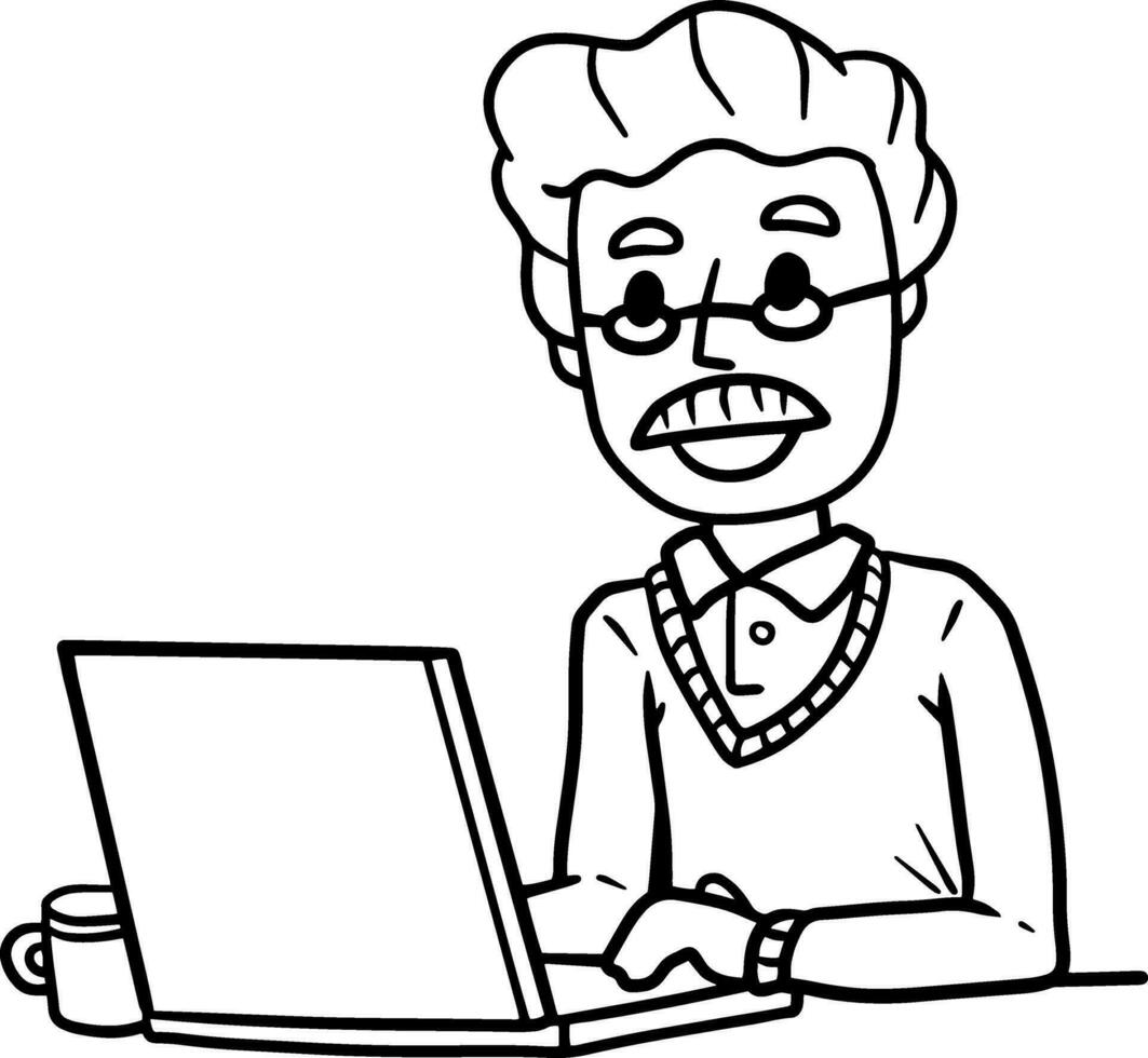 Man sitting at table with laptop. Chat with friends on the Internet. Work as freelancer and programmer. Modern gadget. Smiling happy guy. vector