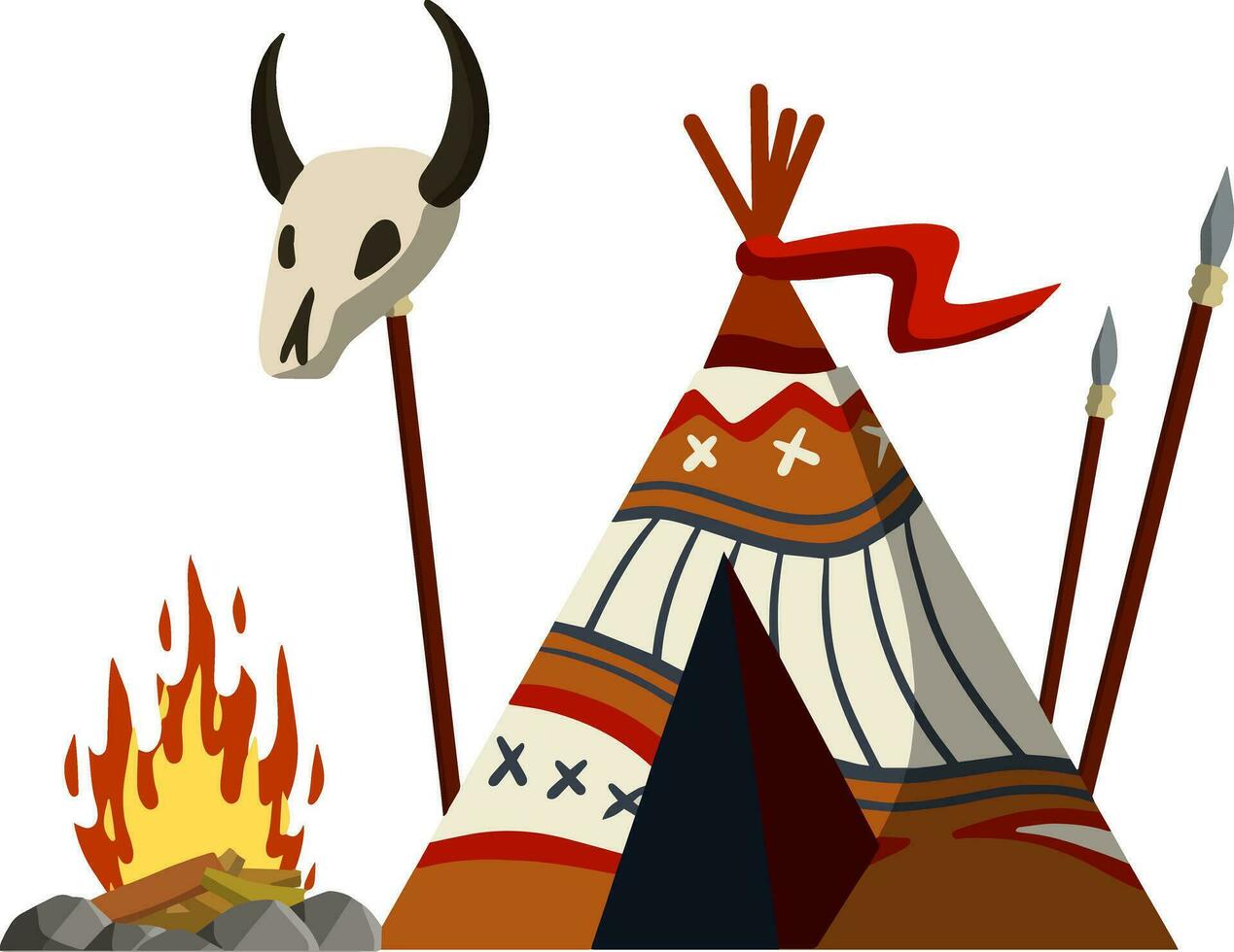 Indian wigwam. Home of native American. Tent made of skins. Brown tepee. Tribal hut. Spear and skull of animal. Cartoon flat illustration. vector