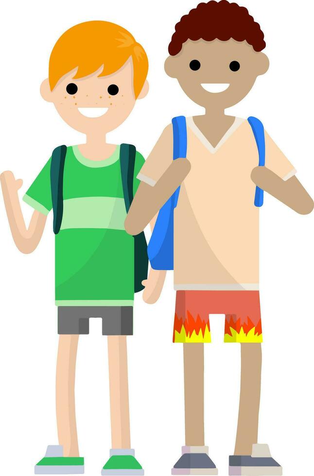 Two student friend with backpacks. Men in shorts. A vacation in the summer season. trip and hike. Multicultural friends. Lucky guys. Cartoon flat illustration vector