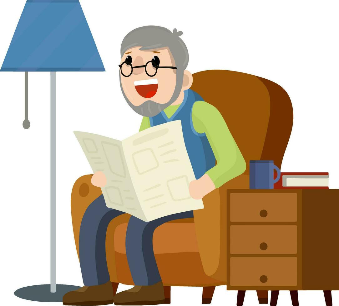 antiguo hombre se sienta en un marrón silla y lee periódico. estilo de vida de sénior. dibujos animados plano ilustración. descanso y relajarse de abuelo con noticias. mueble - Sillón vector