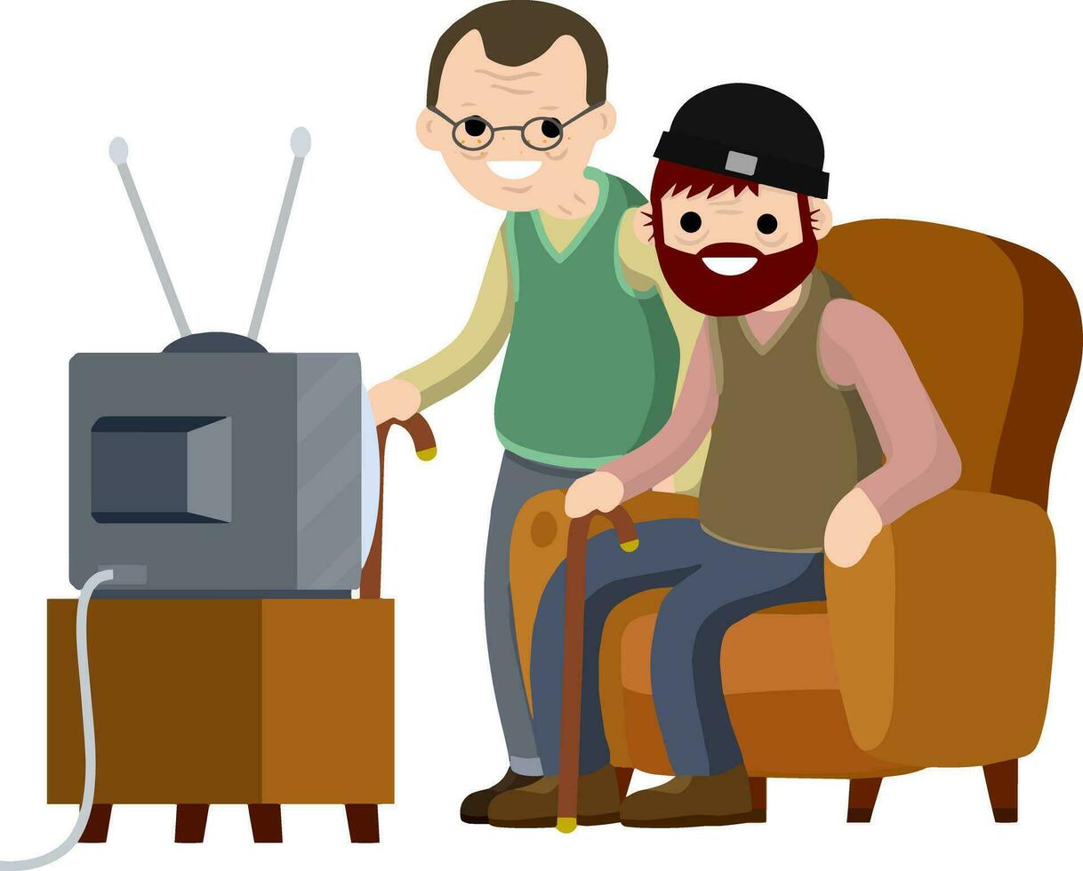 Old Senior man sitting in armchair and watching retro TV. Funny grandfather. Lifestyle of grandpa. Cartoon flat illustration. Hobbies and pastime oldster vector