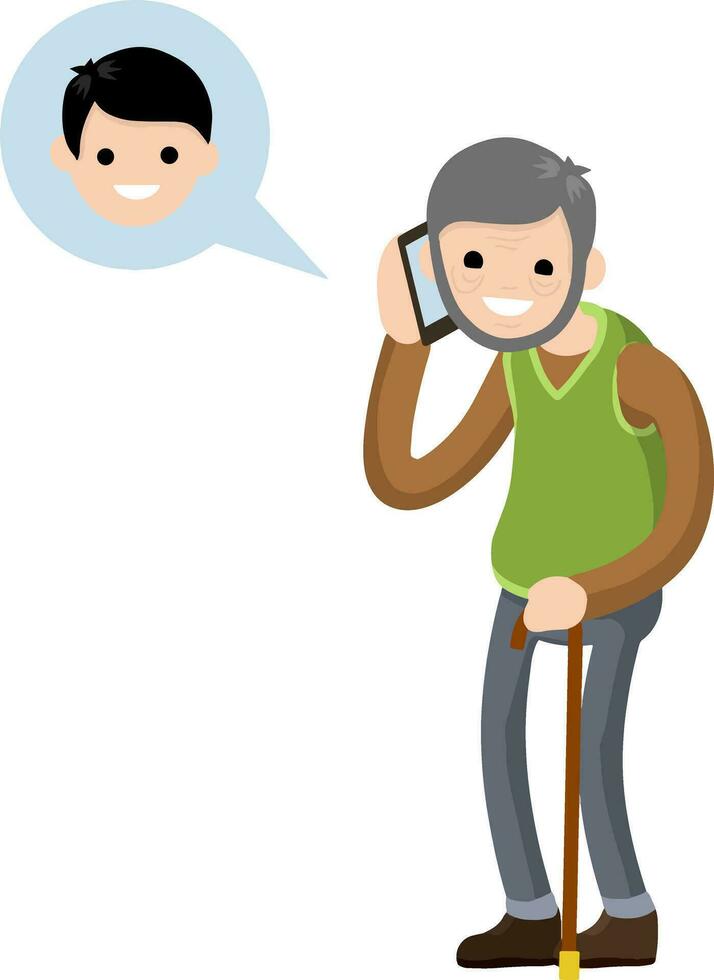 Grandfather call grandson on phone. Talk old Senior man and boy. Cartoon flat illustration. Communication generations. Family and friendship. Cane and glasses. Lifestyle and pastime of elder pensioner vector