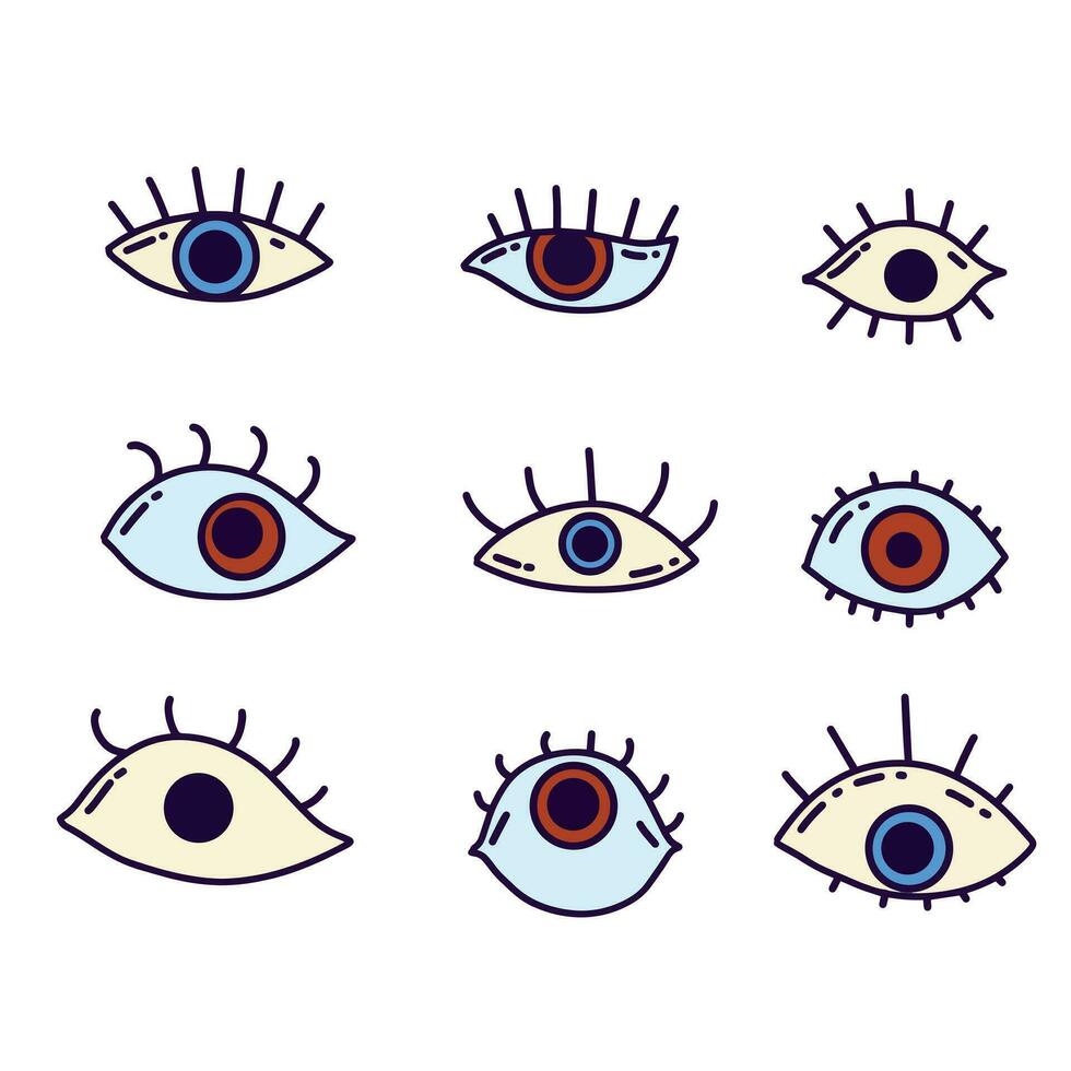 Eyes set groovy collection. Simple Outline hippie open eye icons. Human vision. Illustration isolated on white vector