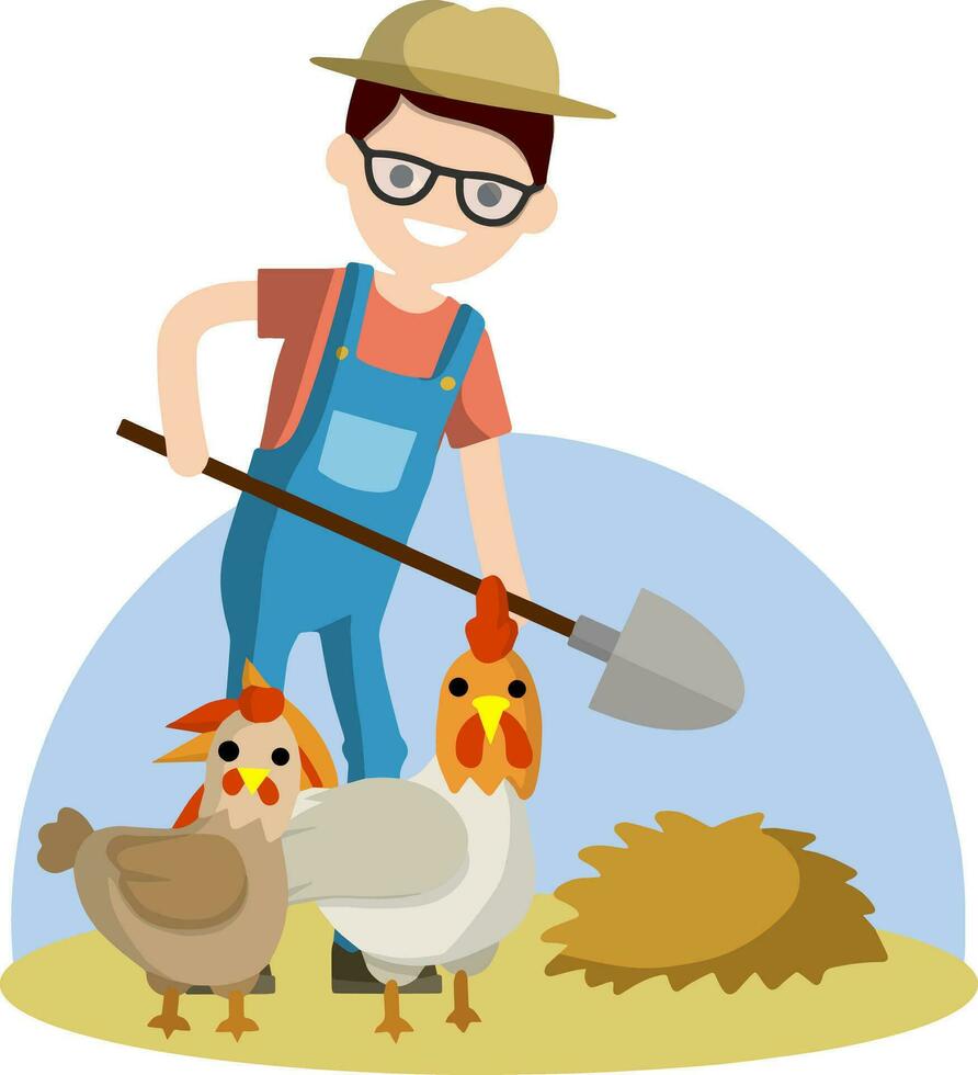 Man with shovel in village. Work of farmer in countryside. Haystack and rustic animals chicken and cock. Natural food. Rural guy in Blue overalls. Summer season. Cartoon flat illustration vector