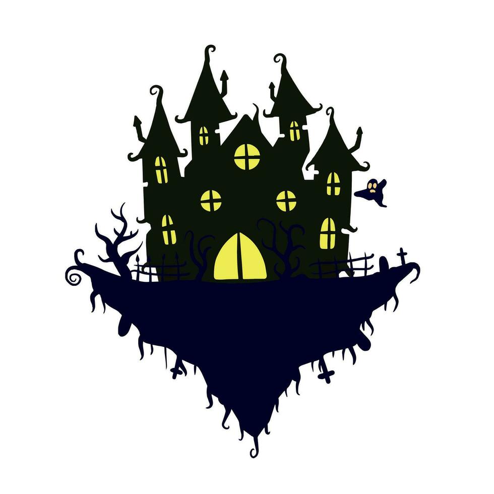 Halloween haunted house isolated on white background. Scary dark silhouette of home or mansion. Cartoon Vector spooky Illustration. Gothic cute town