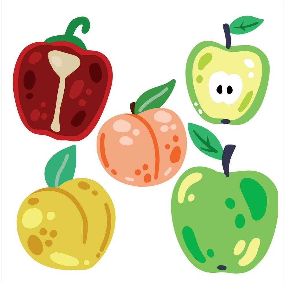 frutas y vegetales aislado en blanco. conjunto de Fresco vegetariano alimento. delicioso dulce bocadillo postre en vistoso dibujos animados estilo. manzana, pimienta, pera, albaricoque, durazno. vector