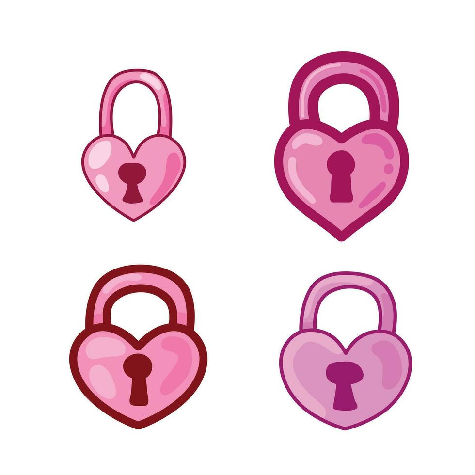Pink Heart Lock Icon for valentines day. Set of Old Medieaval love symbol isolated on white background vector
