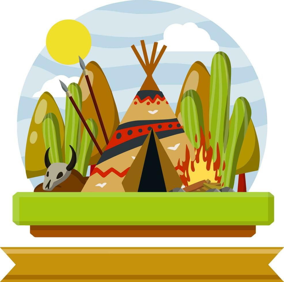 Indian wigwam. Native American house. National hut made of skins with pattern. Nature of landscape. Spears are weapons, fire, and animal's skull. Ribbon for text vector