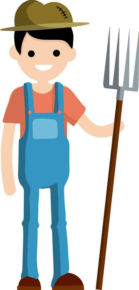 Man farmer in overalls with fork in hands. Rural type of work. Production of natural food in the village. Guy in hat with tools. Cartoon flat illustration vector