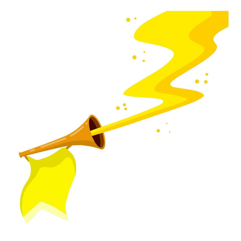 Trumpet. Musical instrument. Golden horn with flag. Solemn event. Element of celebration and awards. Sound and melody concept vector