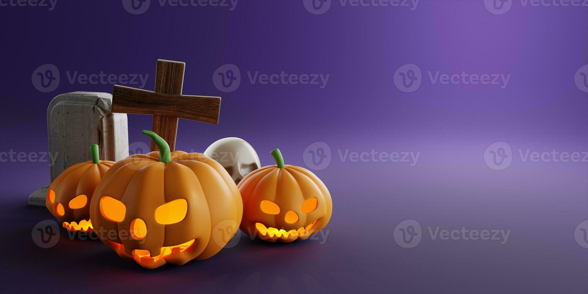3d Rendering. Design for Halloween banner with pumpkin,crucifix, skull, grave on a purple background. With copy space. photo