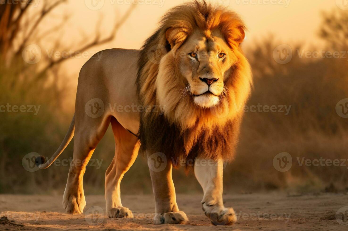 adulto masculino león en pie en el africano sabana durante el dorado hora de el día. ai generado foto