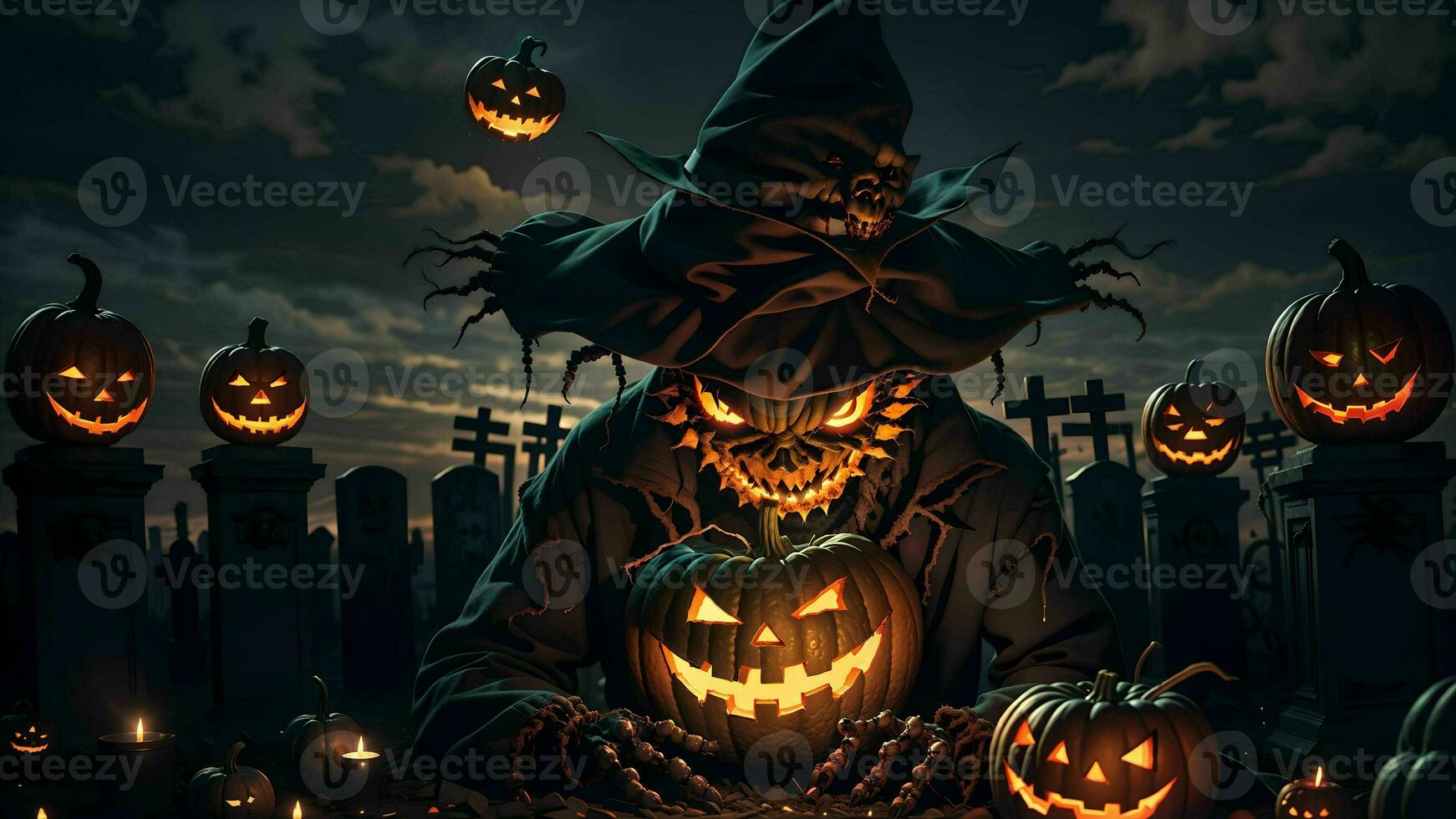 Unveiling the Devilish Scarecrow's Deception in the Eerie Nighttime Graveyard of Halloween ai generated photo