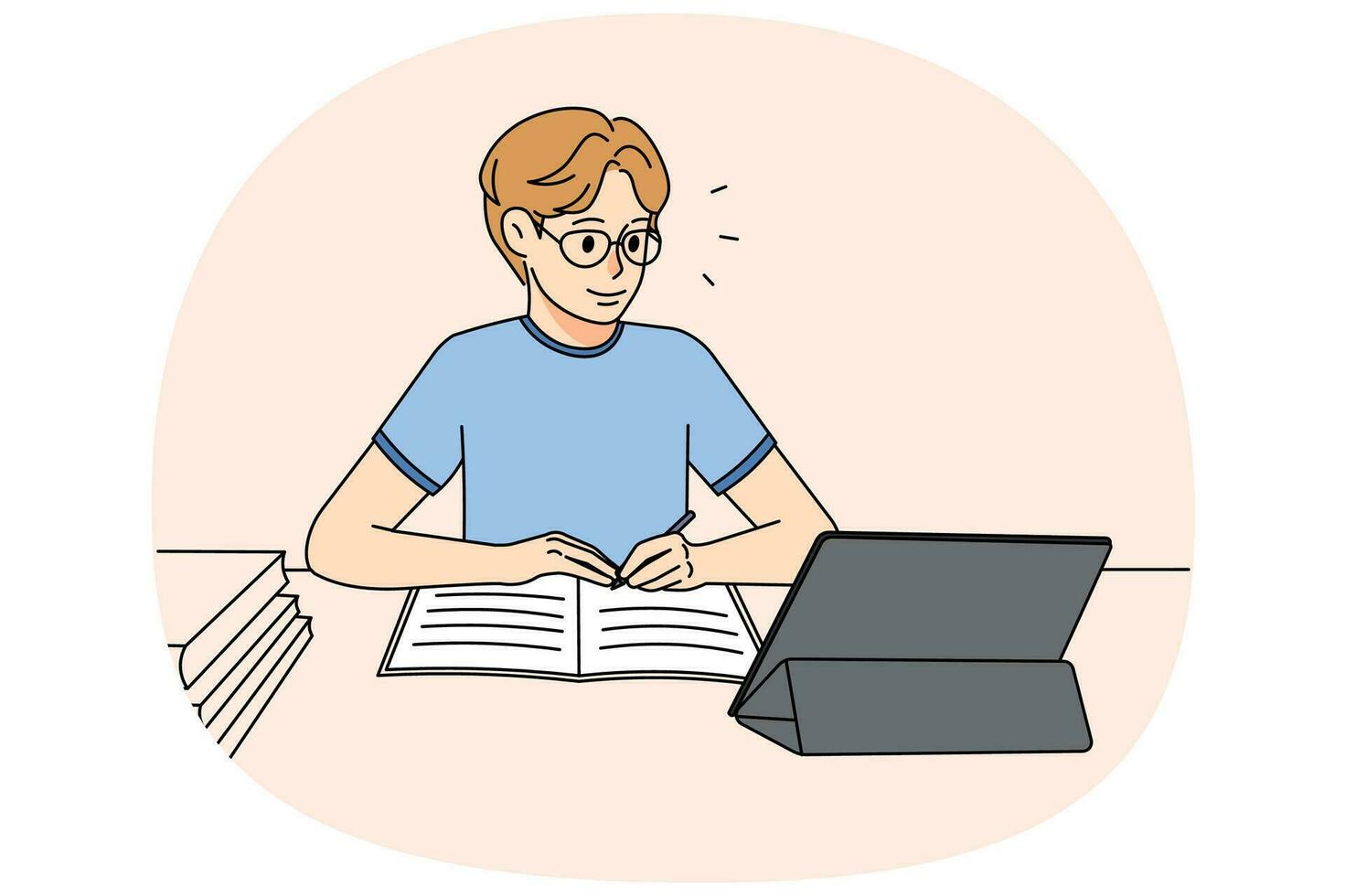 Guy in glasses sit at desk studying online on table. Student handwriting in notebook learning on internet on gadget. Remote education. Vector illustration.