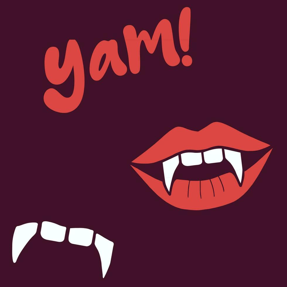 Sink your teeth into this bewitching seamless pattern featuring red lips, vampire fangs, and the playful word 'Yam' vector