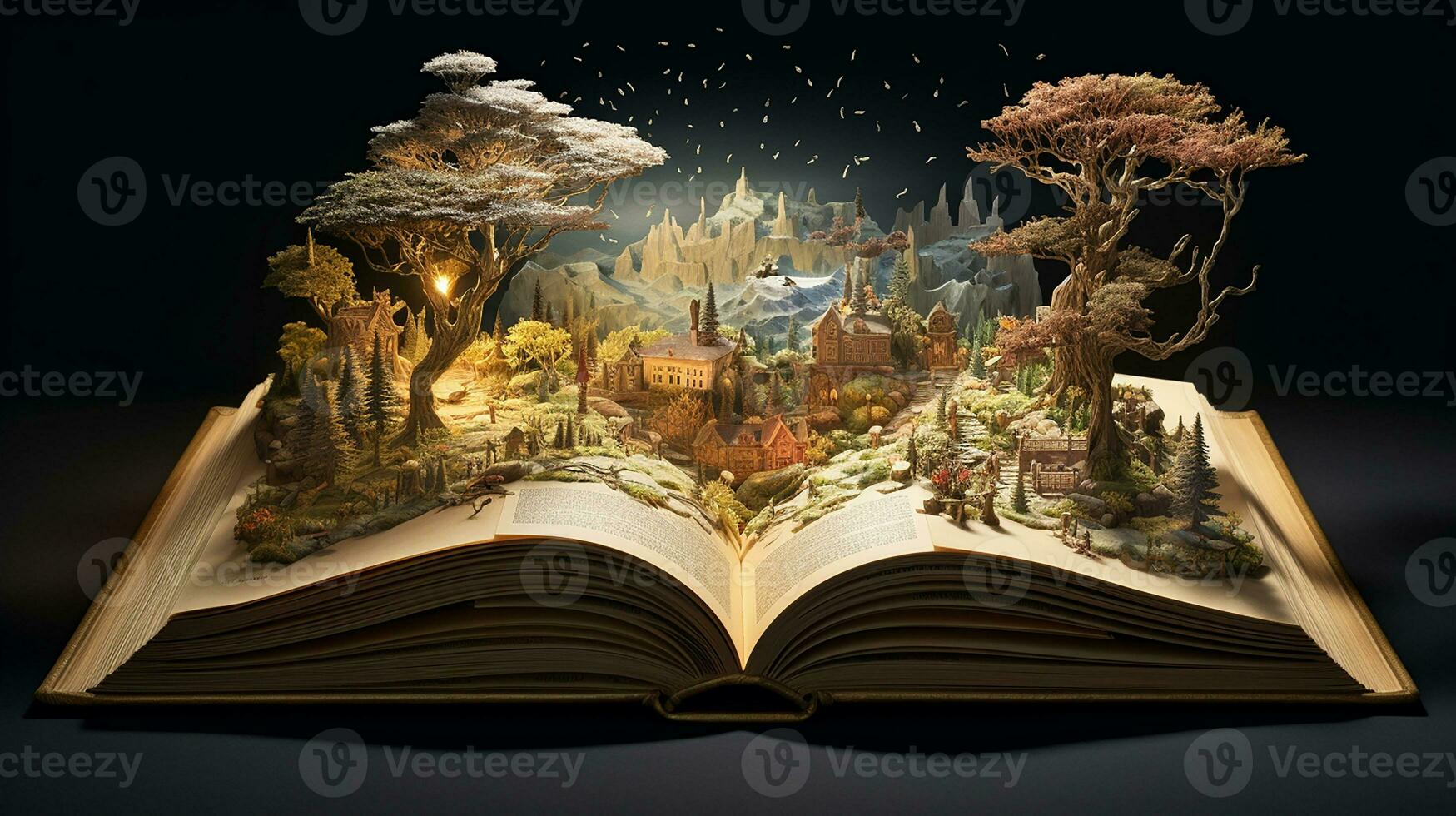 Fantasy landscape with a waterfall in the open book on dark background. Generative AI photo