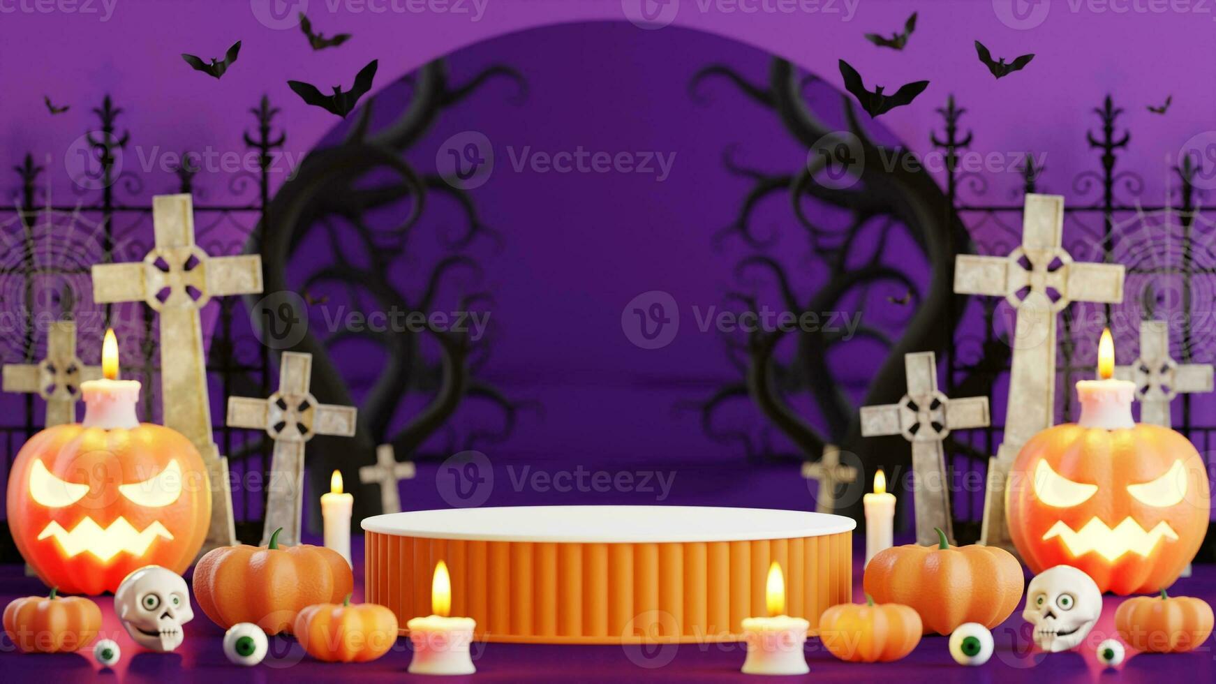 3d rendering illustration design for halloween banner with pumpkin,crucifix, skull, candle, candy, givebox ,grave on background. photo