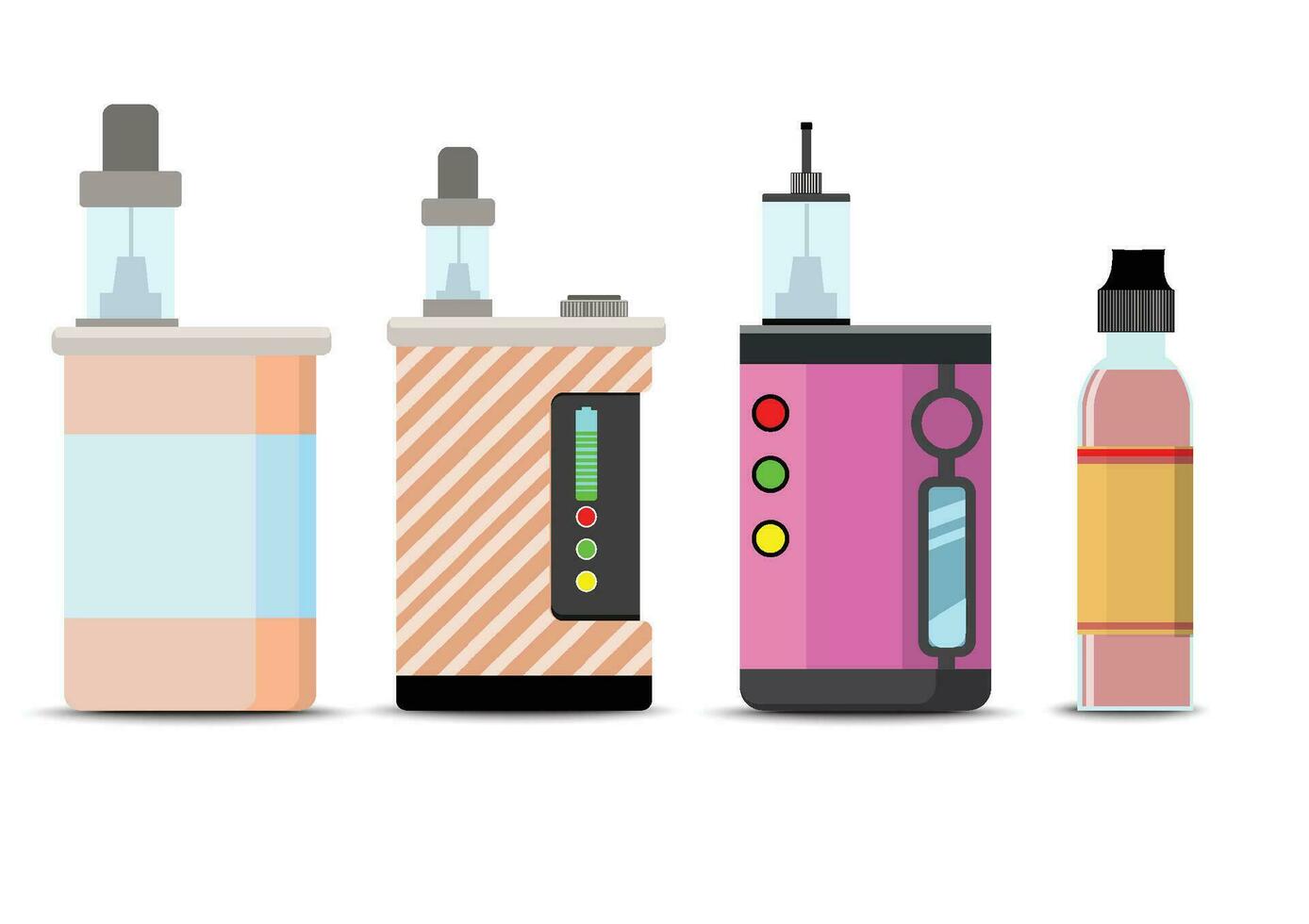 Electronic Cigarettes and accessories icons set. Vaping device and bottles with vape liquid. Liquid cotton,Pincers vape,Vape Pen,Vector E-cigarette and Flat vector. vector