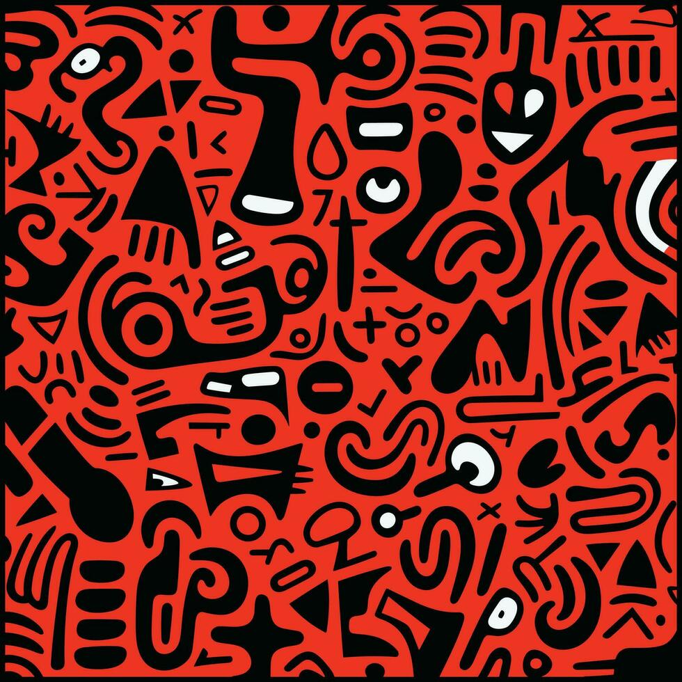 red and black pattern with a black graphic design, in the style of psychedelic neon, squiggly line style, escher-inspired, geometric chaos, shaped canvas, bold block prints, abstraction-creation vector