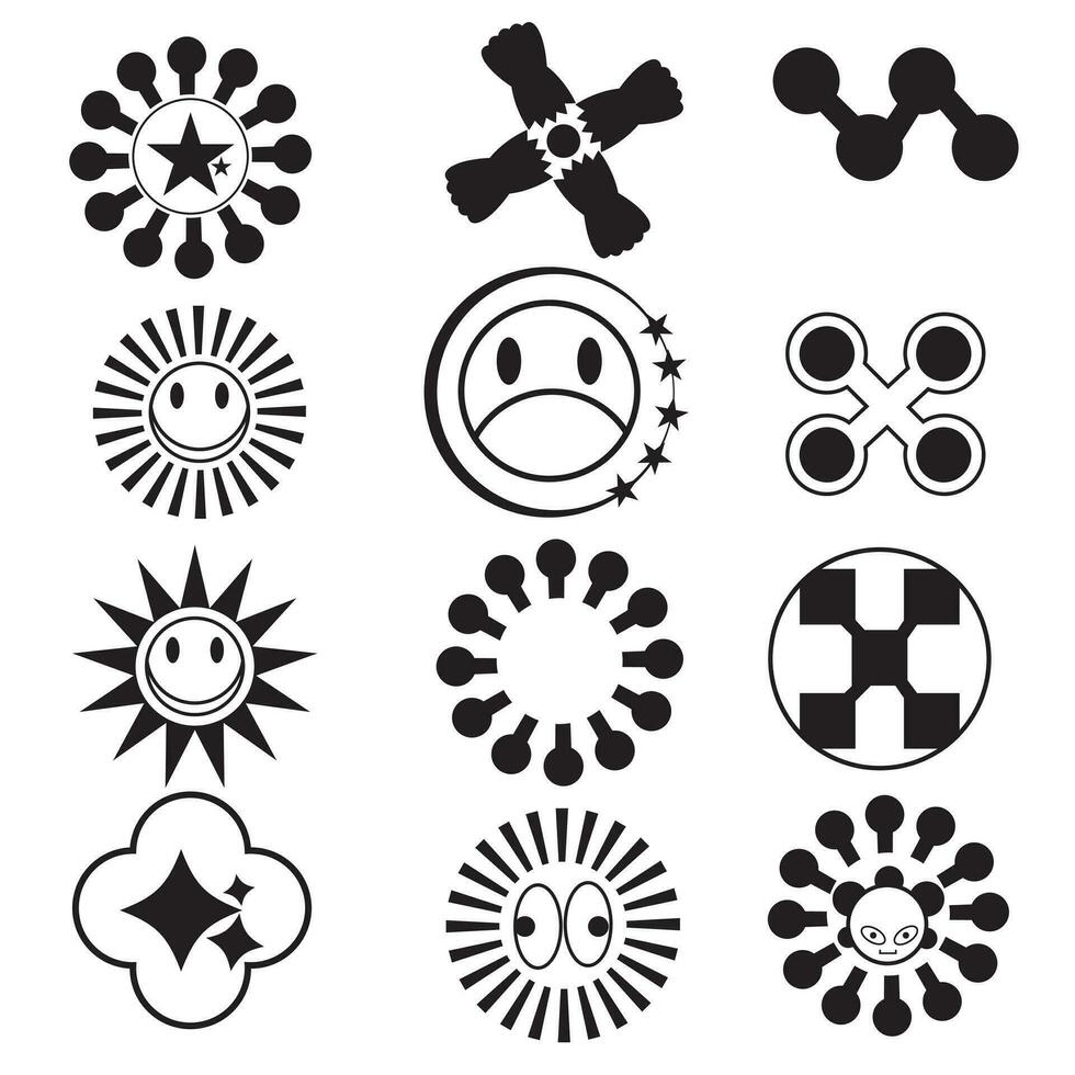 PrPoster templates, stars, flowes, circles, graphic design, and stickers, In Y2k style. Graphic design elements Vector.int vector