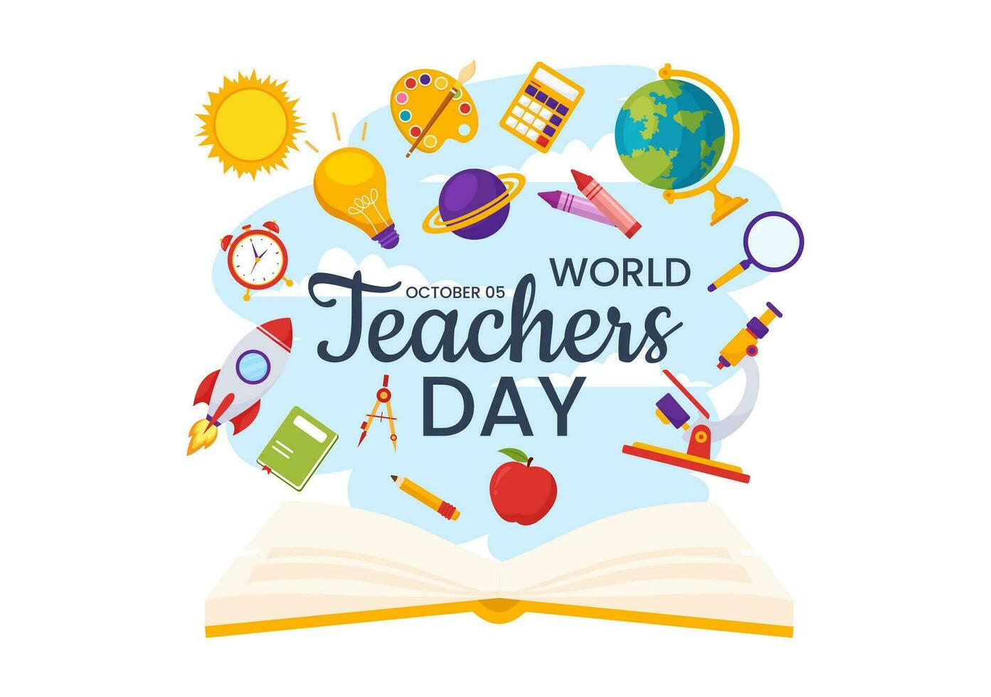 Happy Teacher's Day Vector Illustration with School Equipment Such as Blackboards, Pencils, Bags, Books and Others in Flat Cartoon Background