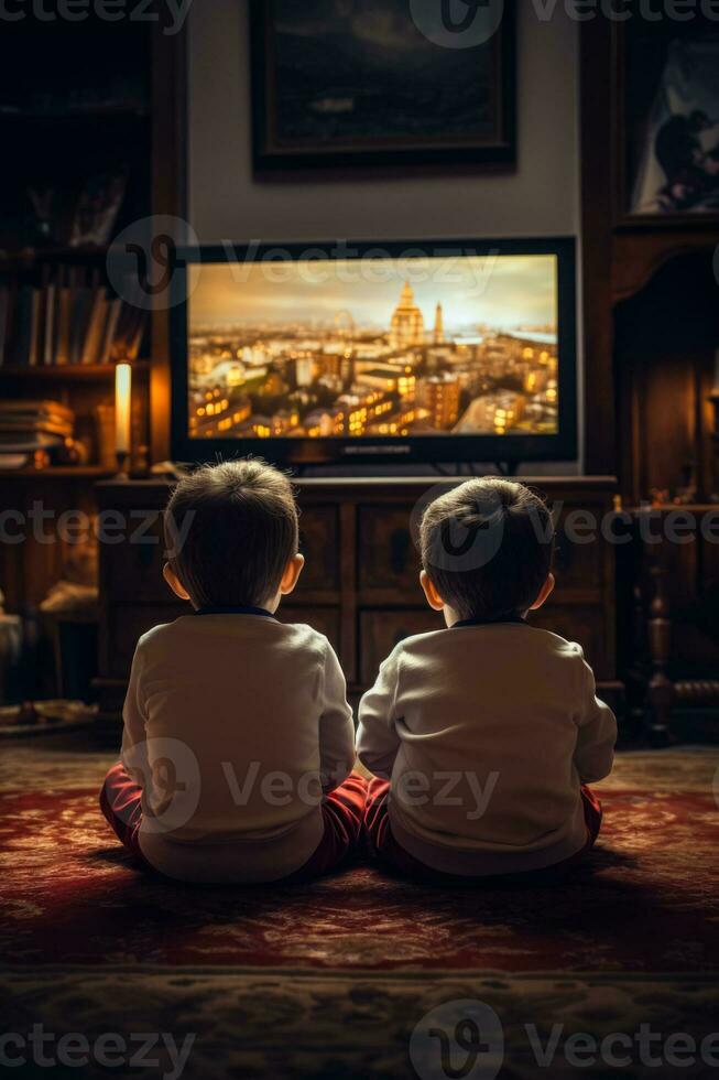 Deux bebes denoncent les ecrans trop jeunes en regardant la television photo