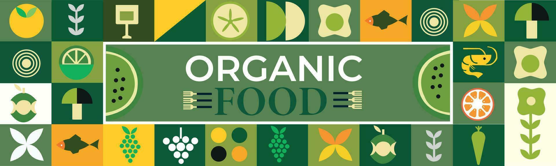 Organic food banner in flat style. Fruits and cereals Abstract geometric retro shapes .Great for flyer, web poster, natural products presentation templates, cover design. vector
