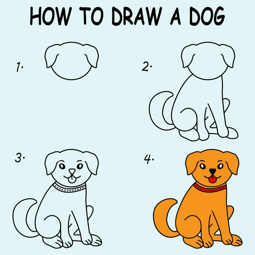 paso por paso a dibujar un perro. dibujo tutorial un perro. dibujo lección para niños. vector ilustración