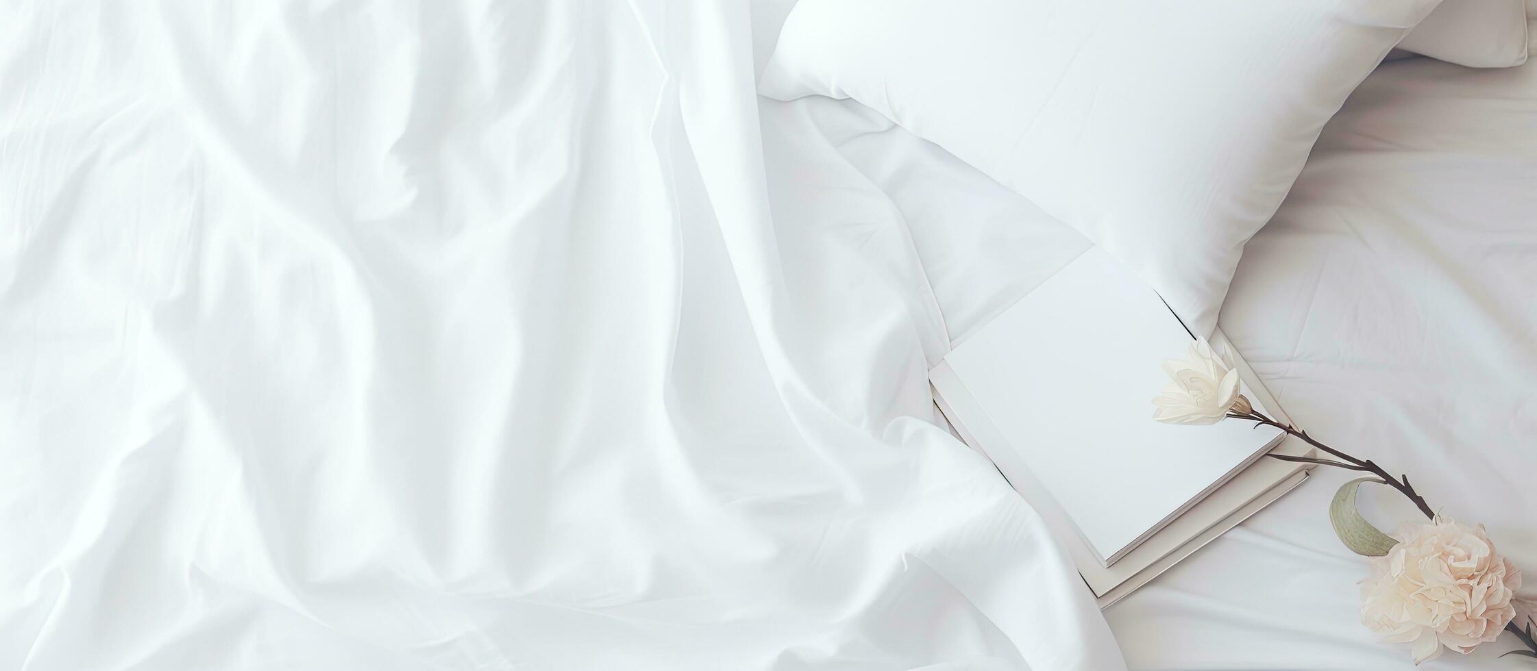 White bedding on the bed with a notepad and interior design mockup photo