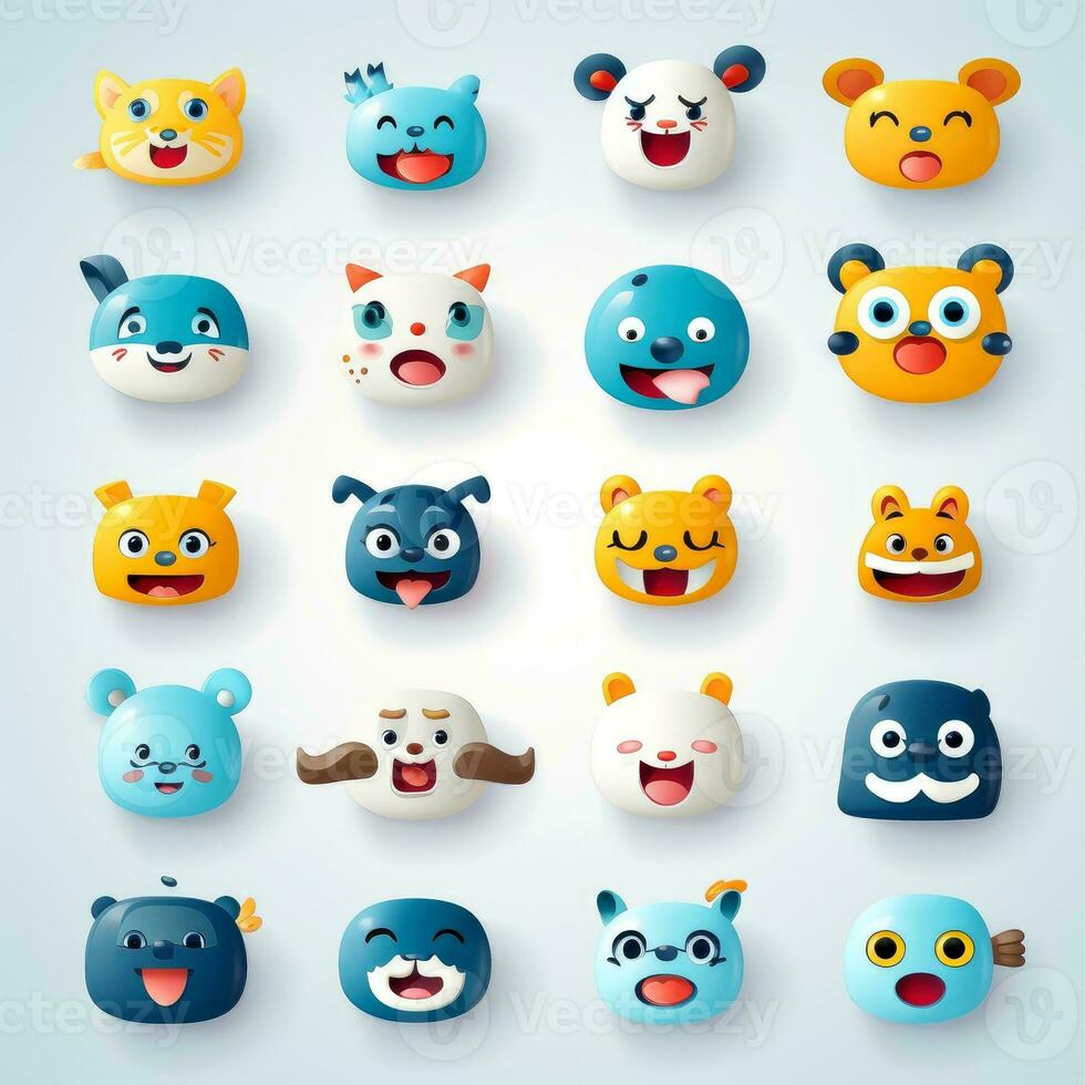 Set of animal faces, face emojis, stickers, emoticons,cartoon funny mascot characters face set, Generative AI illustration photo