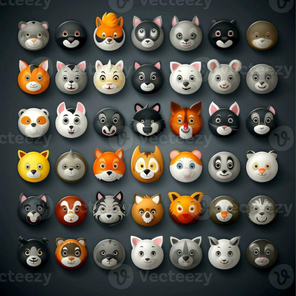 Set of animal faces, face emojis, stickers, emoticons,cartoon funny mascot characters face set, Generative AI illustration photo