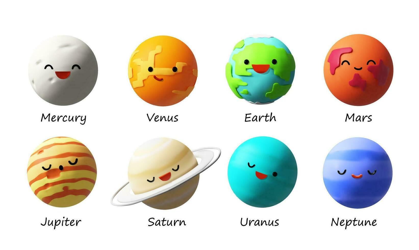 3D render Solar System planets set characters. Realistic vector outer space gas giants Jupiter and Saturn, ice Uranus Neptune, Pluto. Kawaii Mercury, Venus and Earth, Mars. Children education mascots