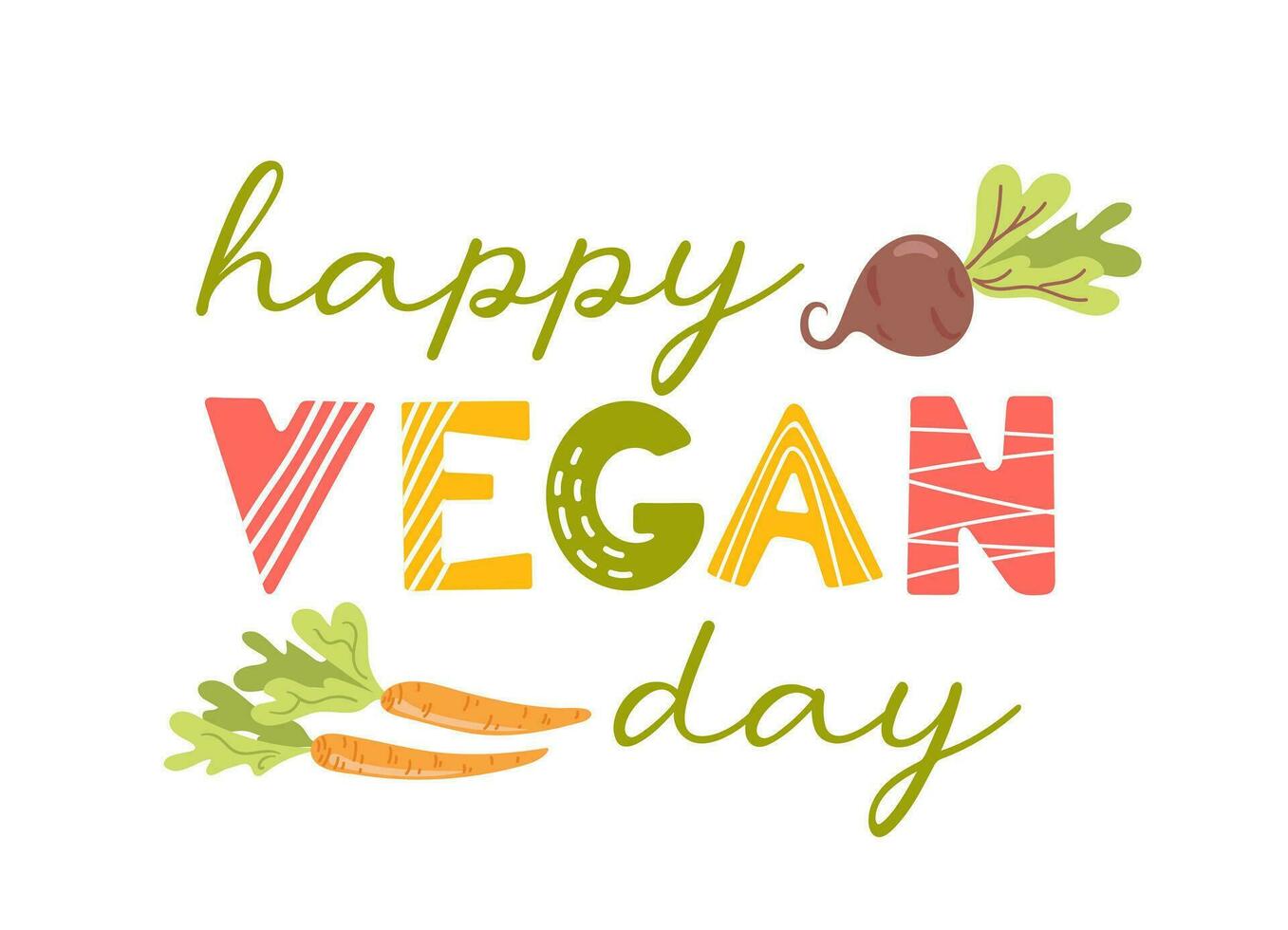 Happy vegan day. Banner in cartoon style. Fresh seasonal vegetables, harvesting. Carrots and beet. Veganuary. flat style. Lettering in Scandinavian style. For advertising, website, poster, flyer. vector