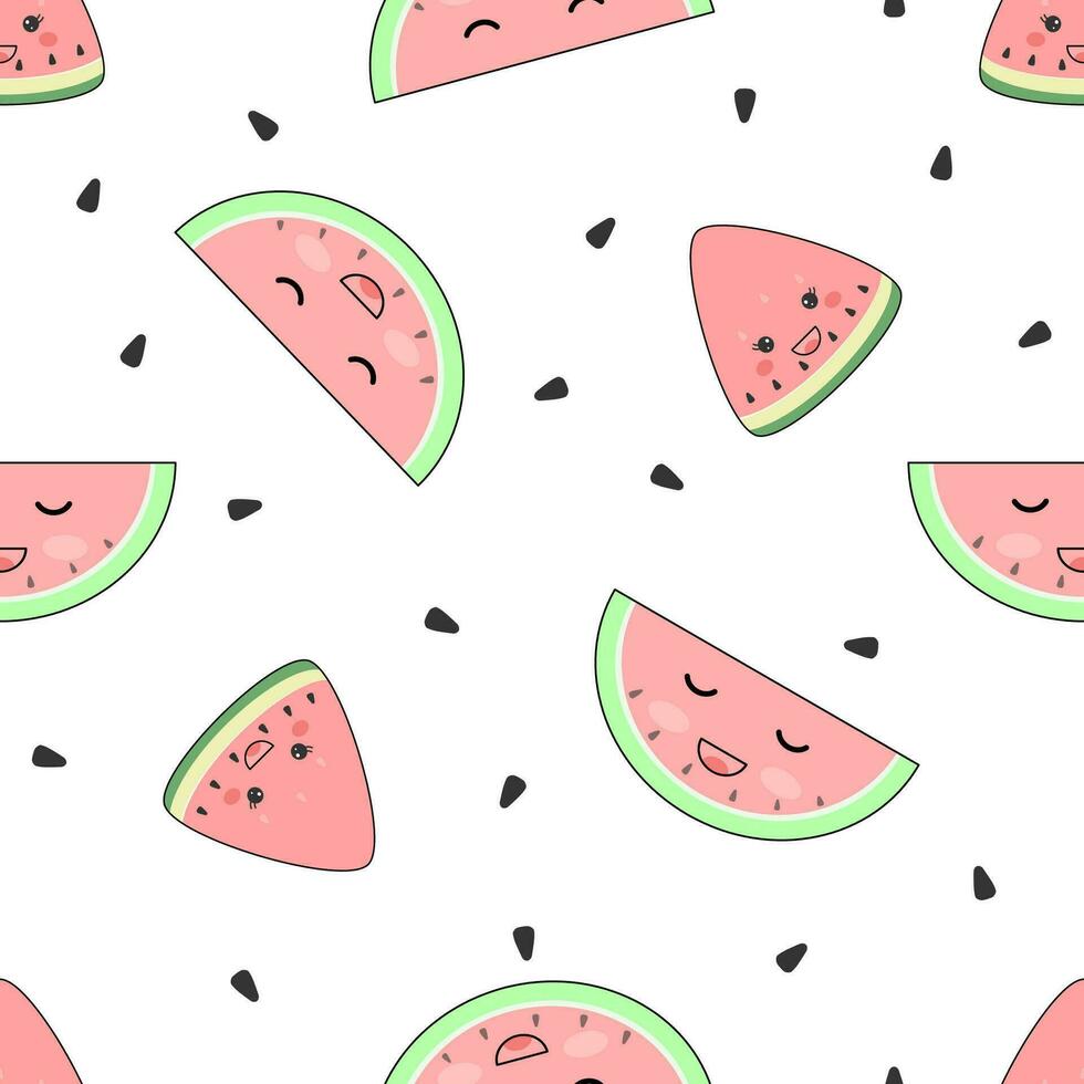 Seamless cute watermelon pattern on white background. Summer vector illustration with watermelon slices and seeds. Simple design, suitable for printing on fabric, greeting cards, gift wrap, etc.